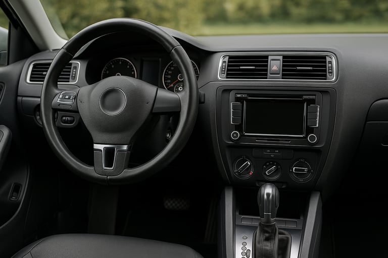 Interior do Volkswagen Golf GTI moderno com volante esportivo, costuras vermelhas, painel digital ac