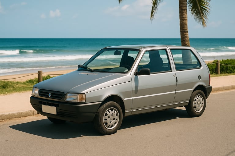 Fiat Uno 1998 prata duas portas estacionado à beira da praia com mar e coqueiro ao fundo