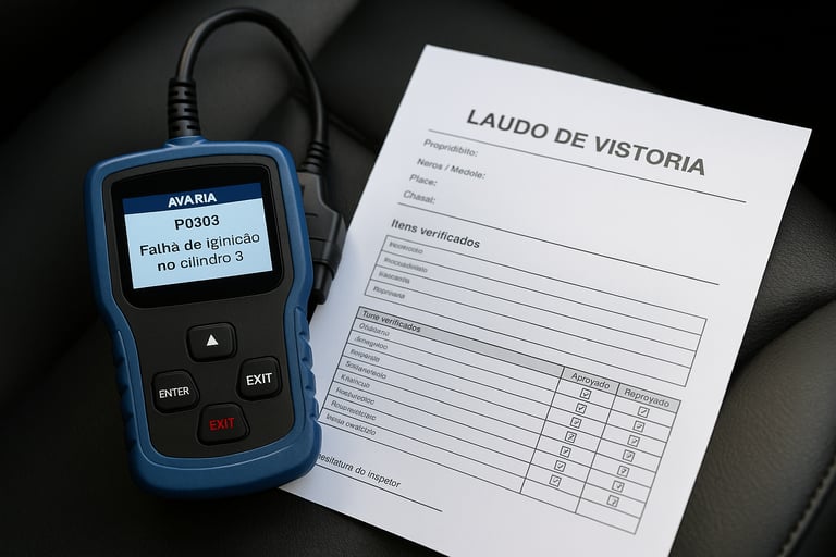 Scanner OBD2 mostrando falha de ignição em português ao lado de laudo de vistoria de veículo