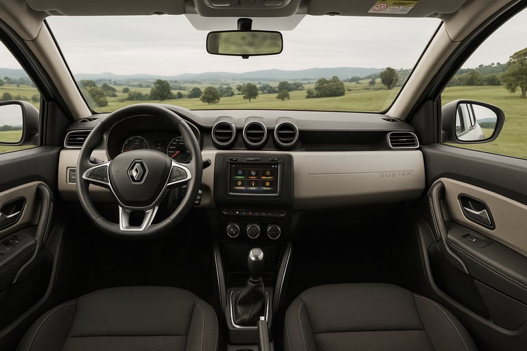 Interior do Renault Duster usado com painel central, volante e bancos em destaque