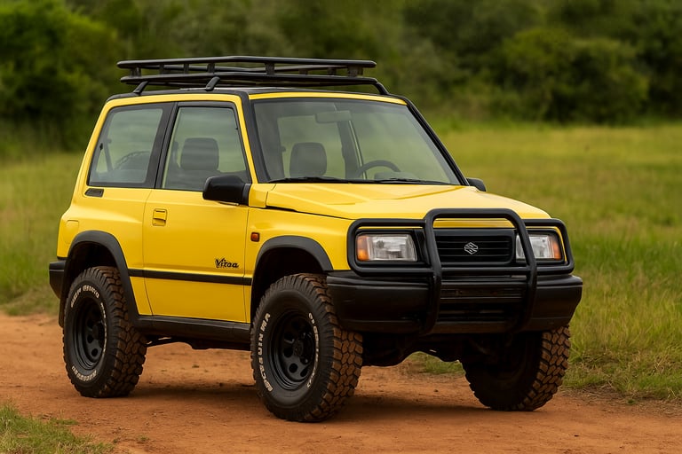 Suzuki Vitara 2000 preparado para off-road, amarelo, com pneus AT e rack de teto em estrada de terra