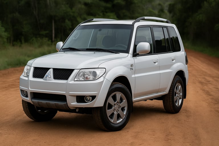Mitsubishi Pajero TR4 2008 prata em estrada de terra, carro inteiro em destaque, formato horizontal