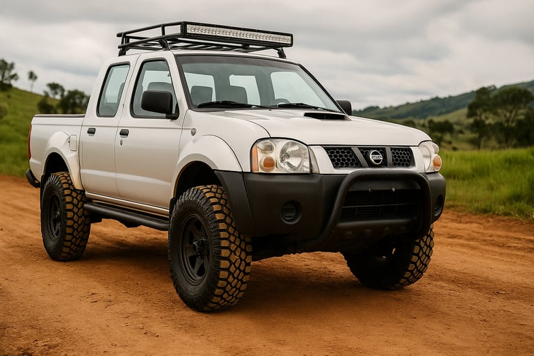 Nissan Frontier 2000 preparada para off-road, com pneus grandes e suspensão elevada em estrada de te