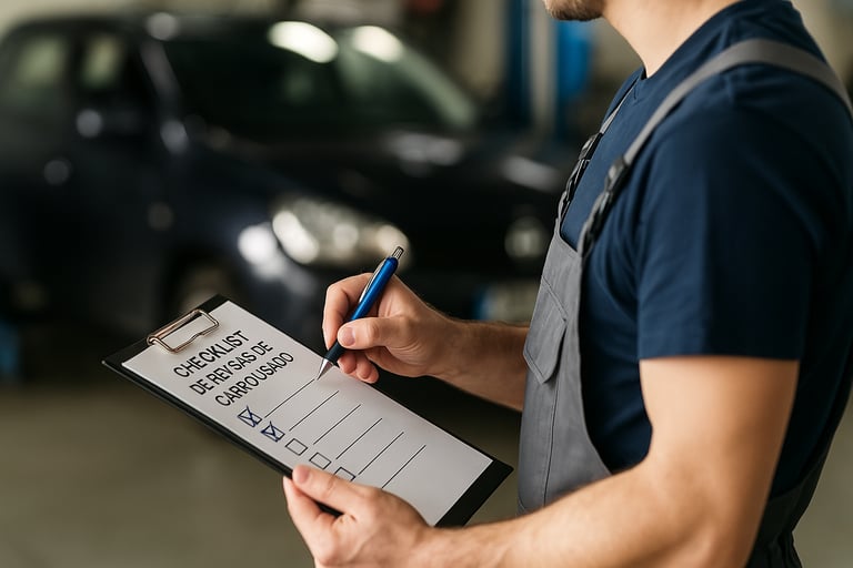 Checklist de revisão de carro usado sendo preenchido por mecânico em oficina, carro desfocado ao fun