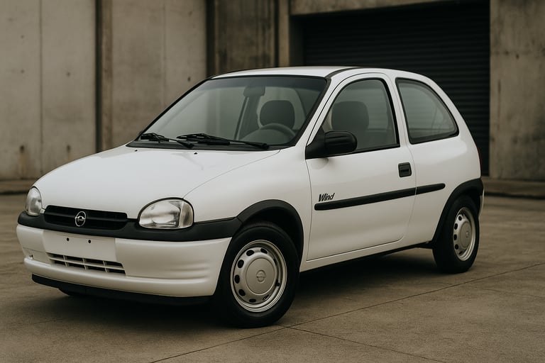 Chevrolet Corsa Wind 1994 branco em pátio urbano, carro inteiro em destaque, ângulo 3/4 dianteiro