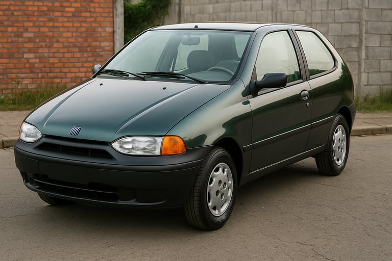 Fiat Palio 1996 vermelho em pátio urbano, carro inteiro em destaque, ângulo 3/4 dianteiro