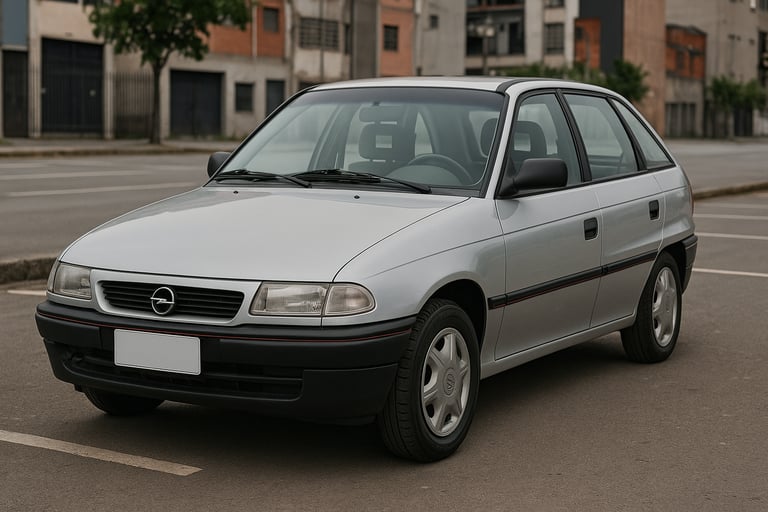 Chevrolet Astra 1994 prata em pátio urbano, carro inteiro em destaque, ângulo 3/4 dianteiro