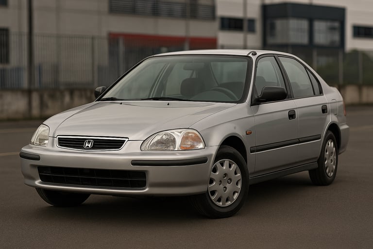 Honda Civic 1997 prata em pátio urbano, carro inteiro em destaque, ângulo 3/4 dianteiro