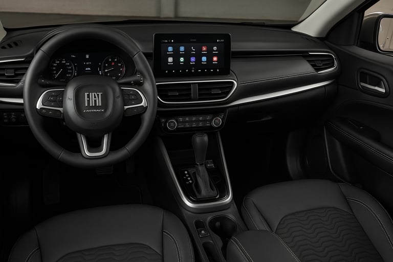 Painel interno do Fiat Fastback com foco na central multimídia, volante e acabamento dos bancos.