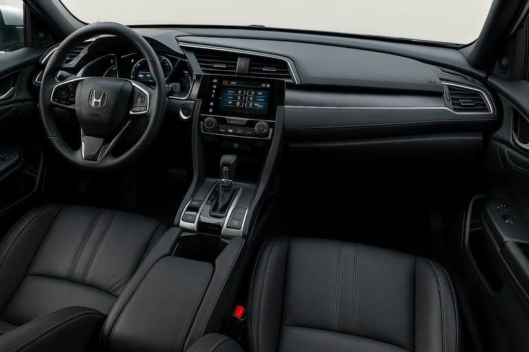 Interior do Honda Civic G10 Touring com destaque para painel, bancos de couro e acabamento premium.
