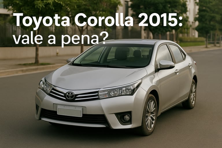 Toyota Corolla 2015 prateado estacionado em rua urbana, com design frontal e lateral em destaque.