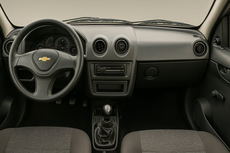 Interior de um Chevrolet Celta com painel e volante simples, em bom estado de conservação.