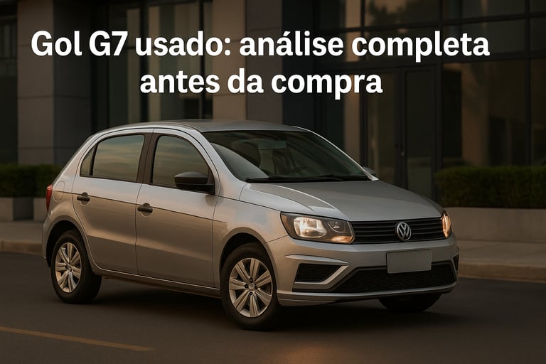 Gol G7 branco saindo de vaga em frente a prédio comercial com faróis acesos ao entardecer.