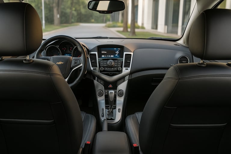 Interior de um Chevrolet Cruze 2015 com painel e central multimídia em destaque, bancos de couro vis
