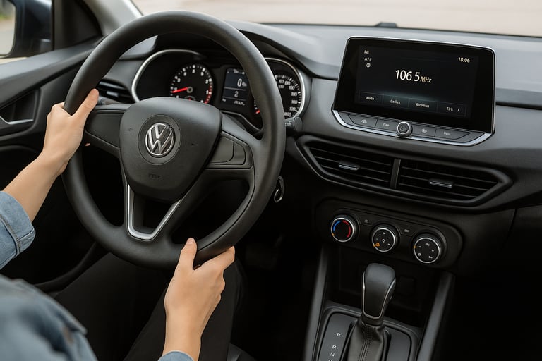 Interior de carro compacto moderno com painel digital, câmbio automático e mão feminina ao volante.
