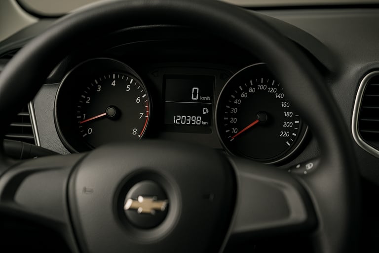 Painel de carro com odômetro acima de 100.000 km, volante parcialmente visível e iluminação realista