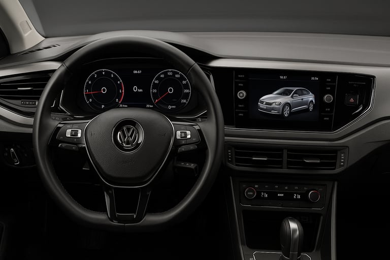 Interior do Virtus 2018 TSI com painel digital aceso, central multimídia e volante com comandos.