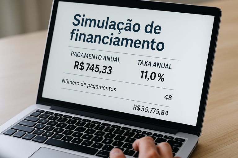 Pessoa usando notebook com simulação de financiamento anual exibindo taxas e parcelas na tela.