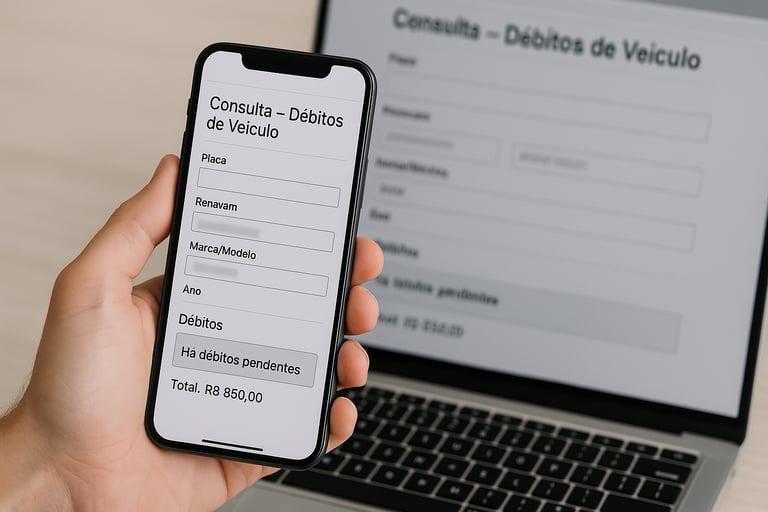 Consulta de débitos do Detran exibida em celular na mão e notebook ao fundo, com foco na tela.