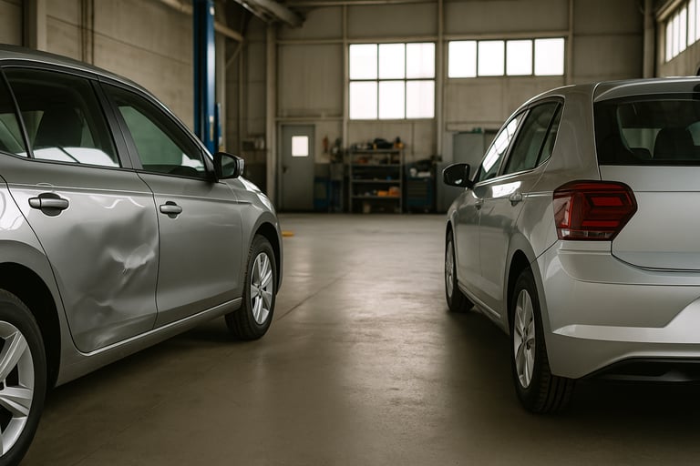 Interior de oficina automotiva com dois carros lado a lado: um com amassado na porta e outro já repa