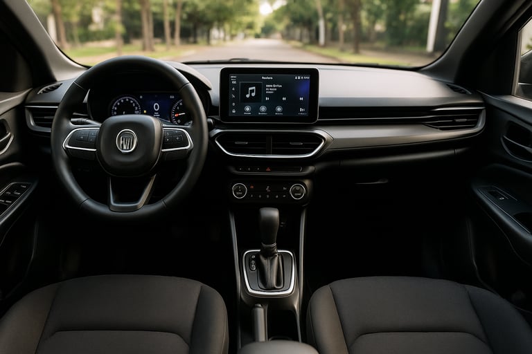 Interior do Fiat Pulse visto do banco traseiro, com painel digital, central multimídia, câmbio CVT e