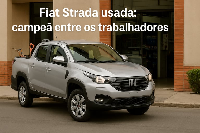 Vista superior da caçamba de uma Fiat Strada com caixa de ferramentas, escada e chave sobre o protet