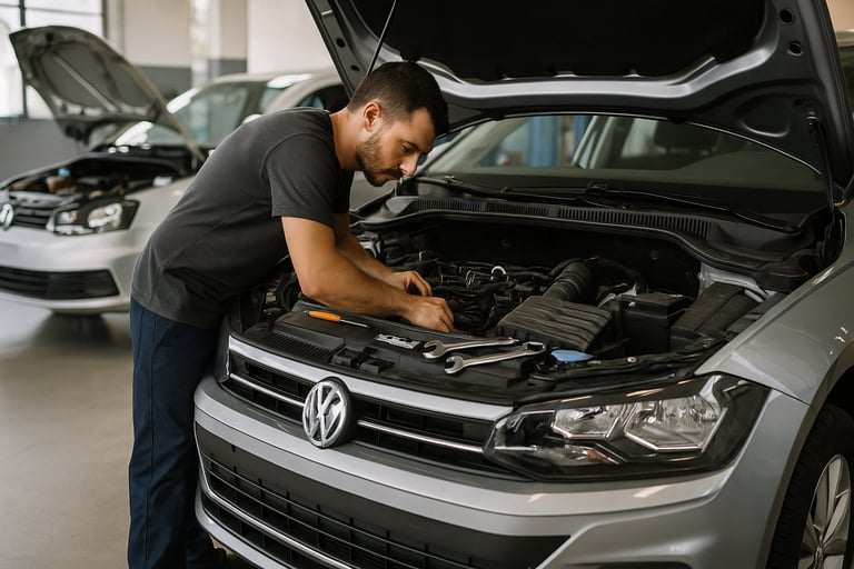 Mecânico trabalhando no motor aberto de um Volkswagen Polo dentro de oficina, com um Fox ao fundo.