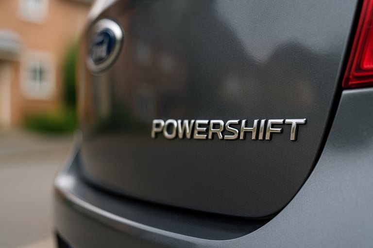 Close-up do emblema “Powershift” na traseira de um Ford Focus estacionado em área residencial, com f