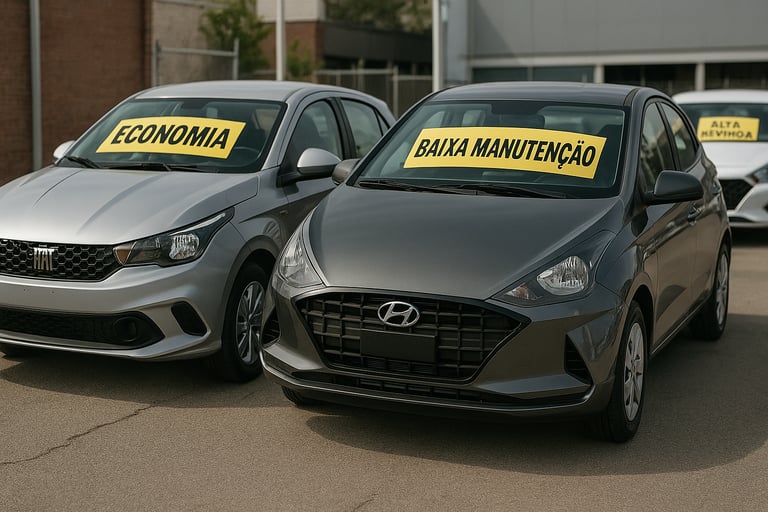 Fiat Argo e HB20 com etiquetas de economia, baixa manutenção e alta revenda em pátio de usados.