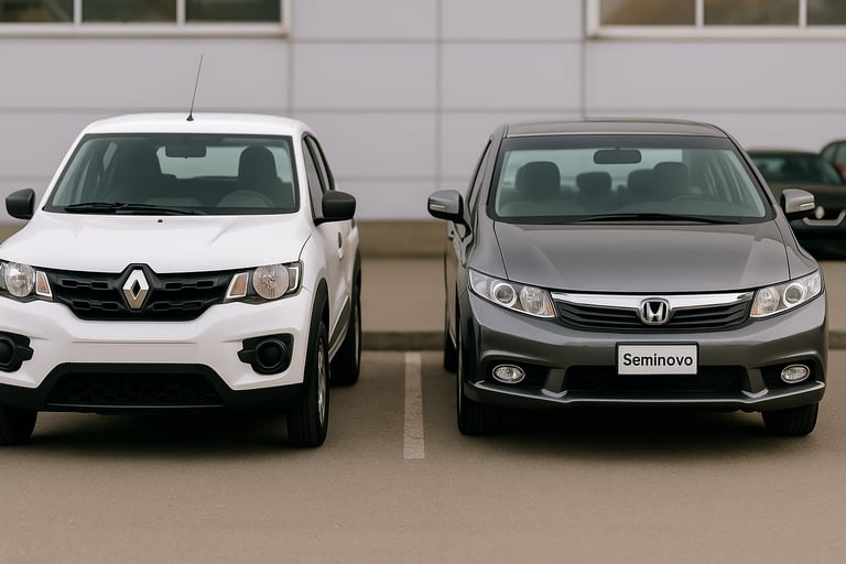Renault Kwid 0 km e Honda Civic seminovo lado a lado em pátio, destacando contraste visual entre ele