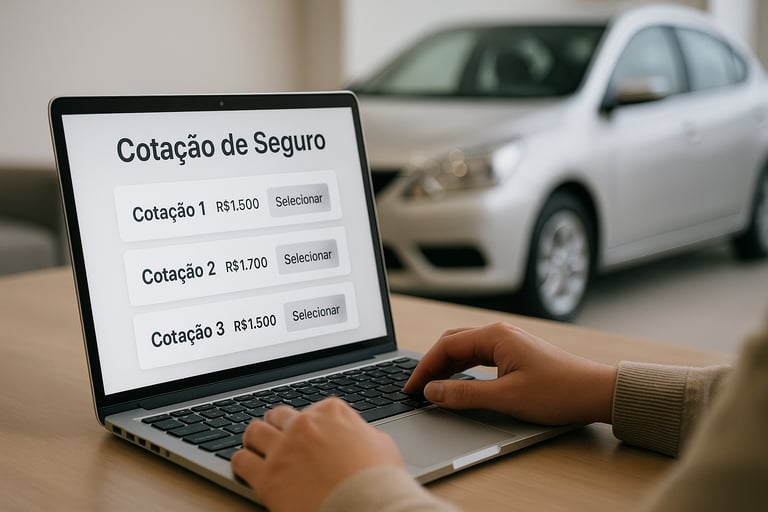 Pessoa comparando cotações de seguro de carro em notebook, com veículo prateado ao fundo desfocado.