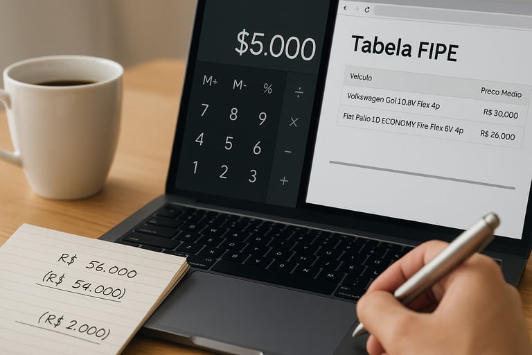 Notebook com calculadora e Tabela FIPE abertos, anotações manuais e xícara de café sobre a mesa.