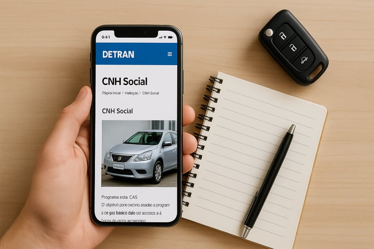 Celular com site da CNH Social aberto ao lado de caderno, caneta e chave de carro sobre mesa de made