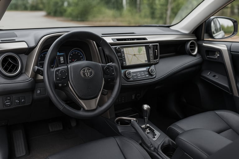 Interior do Toyota RAV4 2016 com painel, volante e central multimídia em destaque, visto do banco tr
