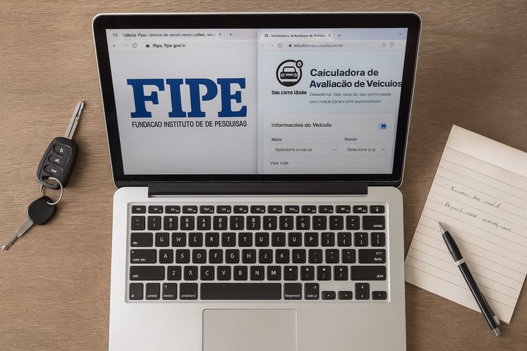 Notebook com a calculadora de avaliação de veículos aberta ao lado da Tabela FIPE, com chaves e anot