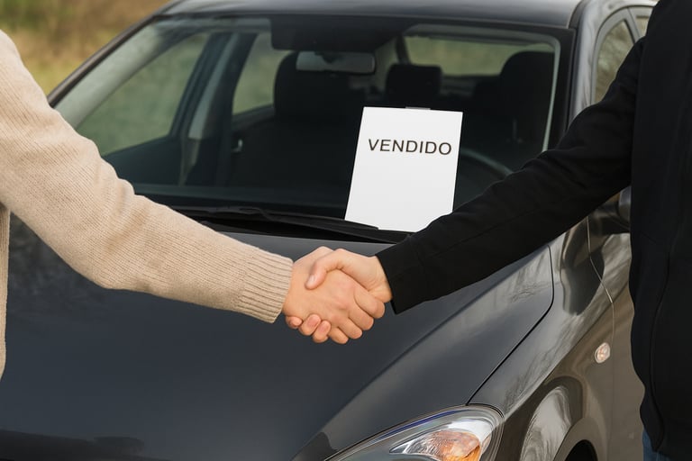 Duas pessoas apertando as mãos em frente a um carro com placa “Vendido” no para-brisa.