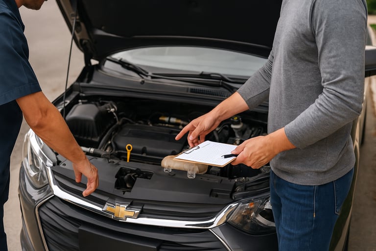 Pessoa inspecionando motor de carro Chevrolet com capô aberto, checklist na mão e mecânico ao lado.