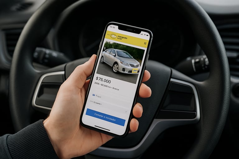 Pessoa dentro de um carro segurando celular com anúncio de veículo aberto na tela, sobre o volante.