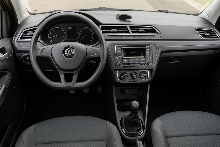 Interior do Volkswagen Voyage 1.6 MSI (2017–2021), com foco no painel, volante e central multimídia 