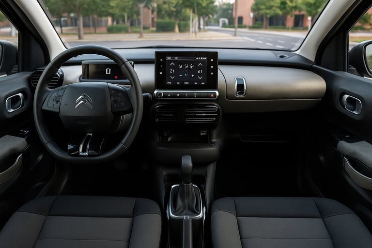 Interior do Citroën C4 Cactus com foco no painel, volante, central multimídia elevada e acabamento d
