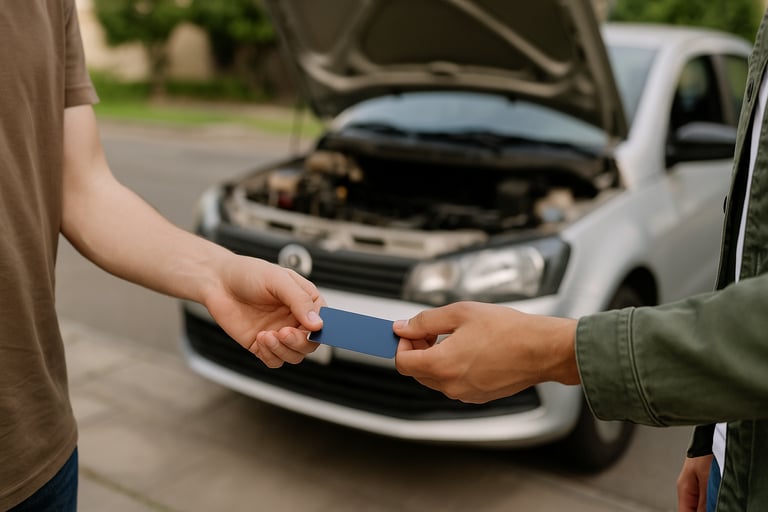 Pessoa entregando cartão de crédito em frente a carro usado com capô aberto, sugerindo vistoria.
