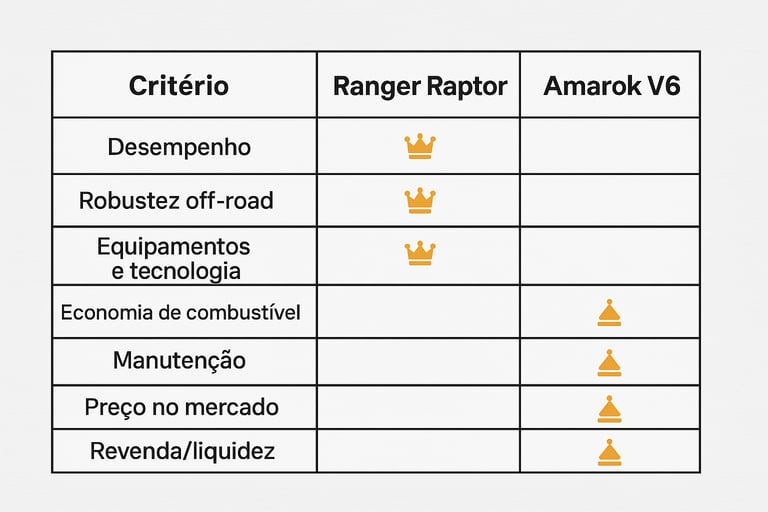comparação entre Ranger Raptor e Amarok V6 nos critérios de desempenho, robustez, economia, manutenç
