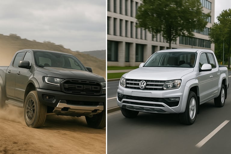 Ford Ranger Raptor em estrada de terra e VW Amarok V6 em rua urbana, lado a lado em comparação visua