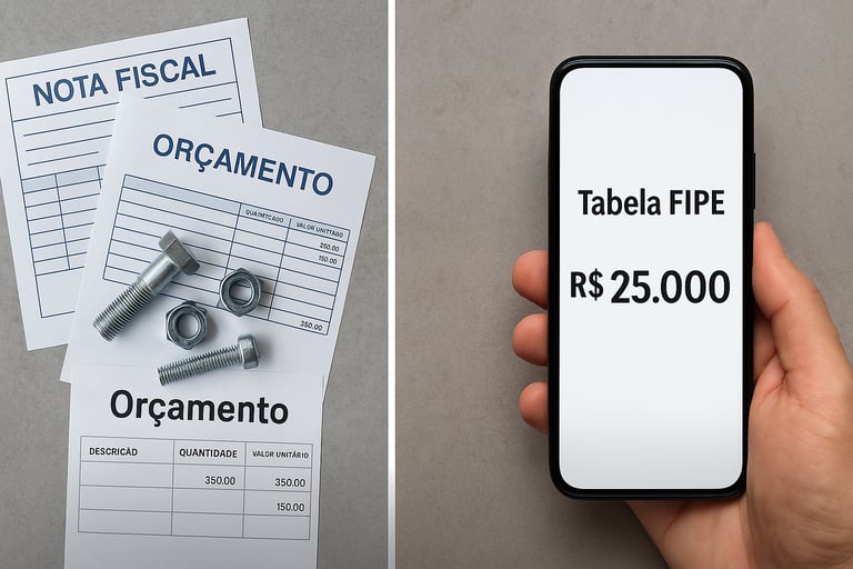 Comparativo entre orçamento de peças e nota fiscal à esquerda e valor do carro na Tabela FIPE à dire