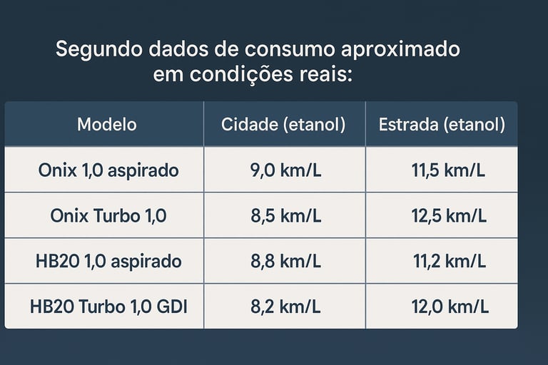 Consumo real Onix vs HB20: tabela comparativa de km/L na cidade e estrada com etanol.