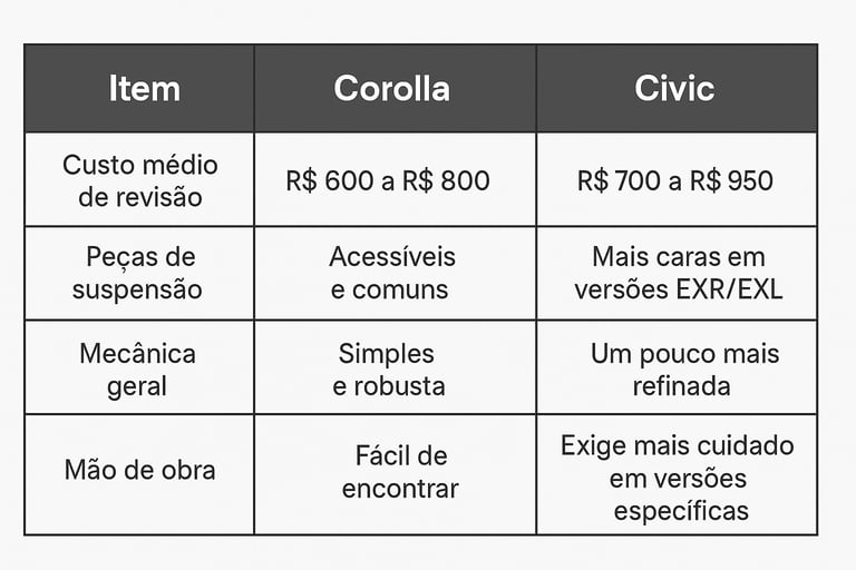 Tabela comparativa entre Corolla e Civic usados com custos de revisão, peças, mecânica e mão de obra