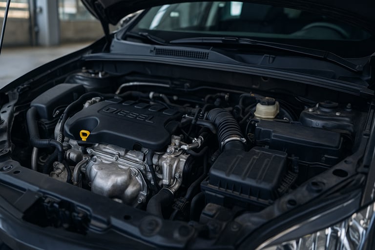 Capô aberto de um carro a diesel em oficina, com foco no motor limpo e bem conservado, destacando de
