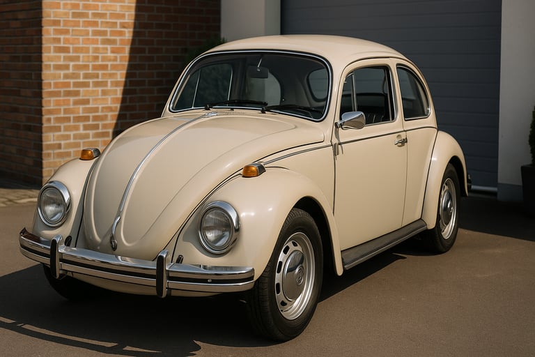 Fusca antigo bem preservado estacionado em frente a garagem, com destaque para detalhes originais.