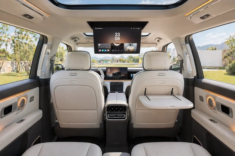 Interior de SUV da Chery com tela no teto e acabamento premium iluminado pela luz do dia