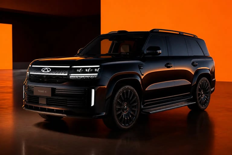 Novo SUV da Chery com 476 cv em cenário iluminado destacando design robusto e moderno